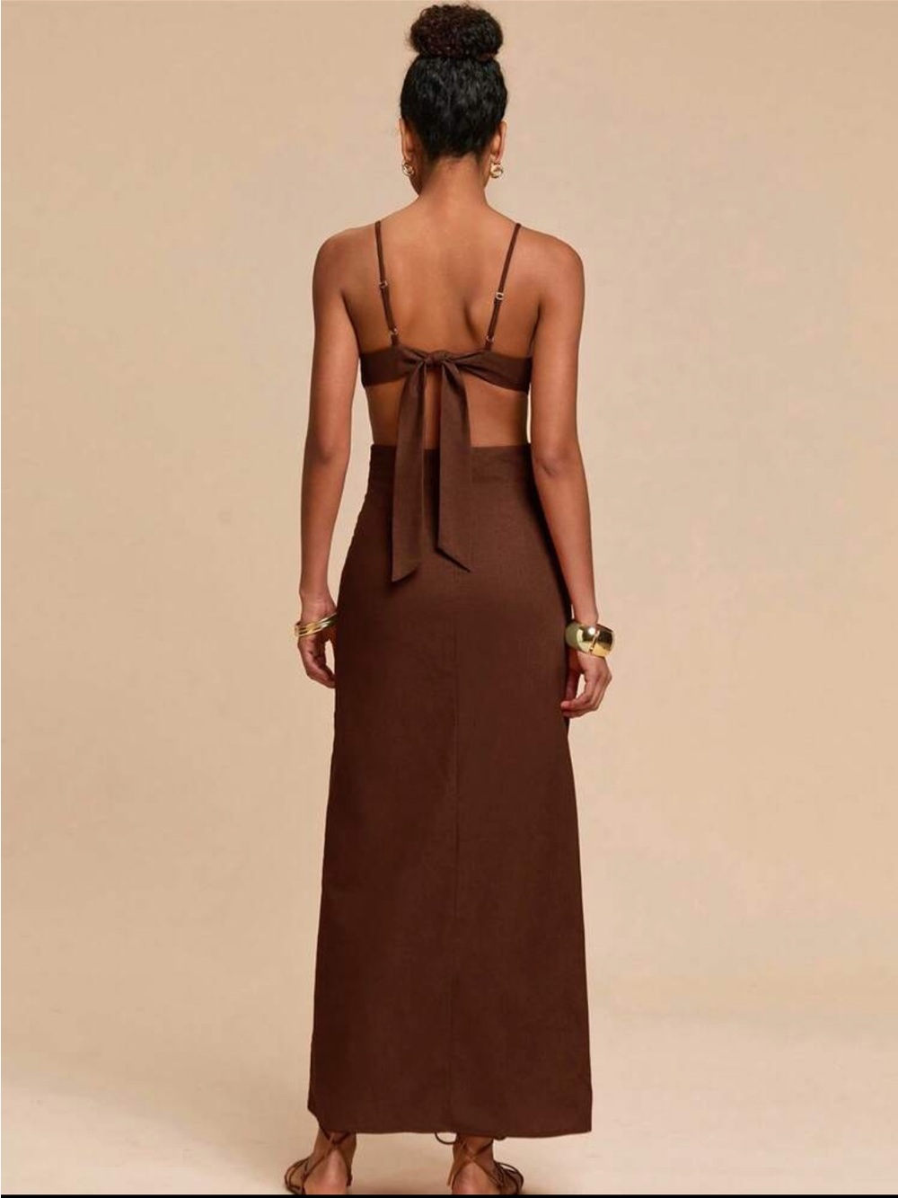 New Dark Brown Petal Backless Strap Dress - Picture 2 of 7